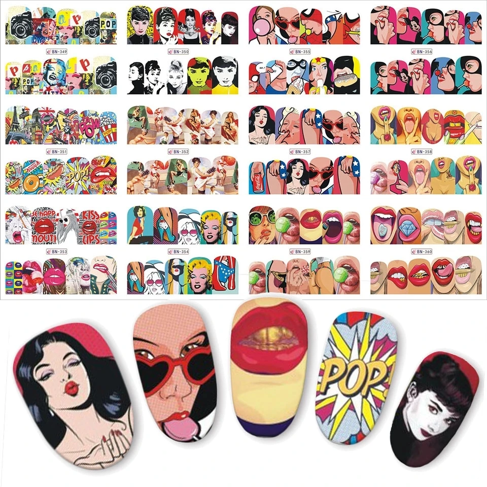  1 set 12 Nail Designs Full Cover Water Transfer Sticker Nail Art Pop Art Slider Lips Cool Girl Sexy