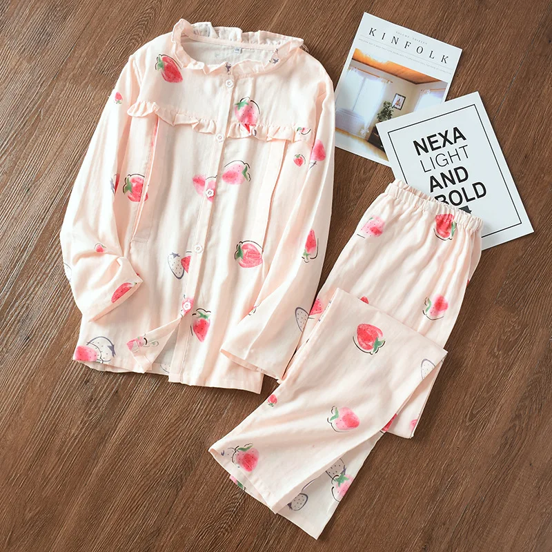 

100% Cotton Gauze Long Sleeve Maternity Wear Summer Breastfeeding Suit Round Neck Womens Pajamas Pink Loungewear Pijamas Pj Set