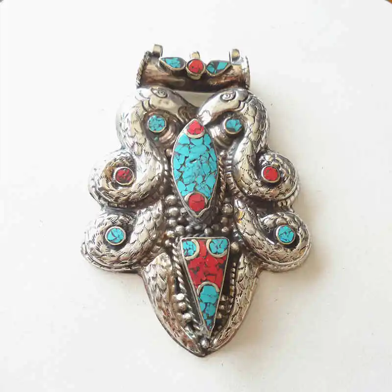 

TBP699 Tibetan Dragon Amulet Copper Inlaid Big Pendants Double Dragons