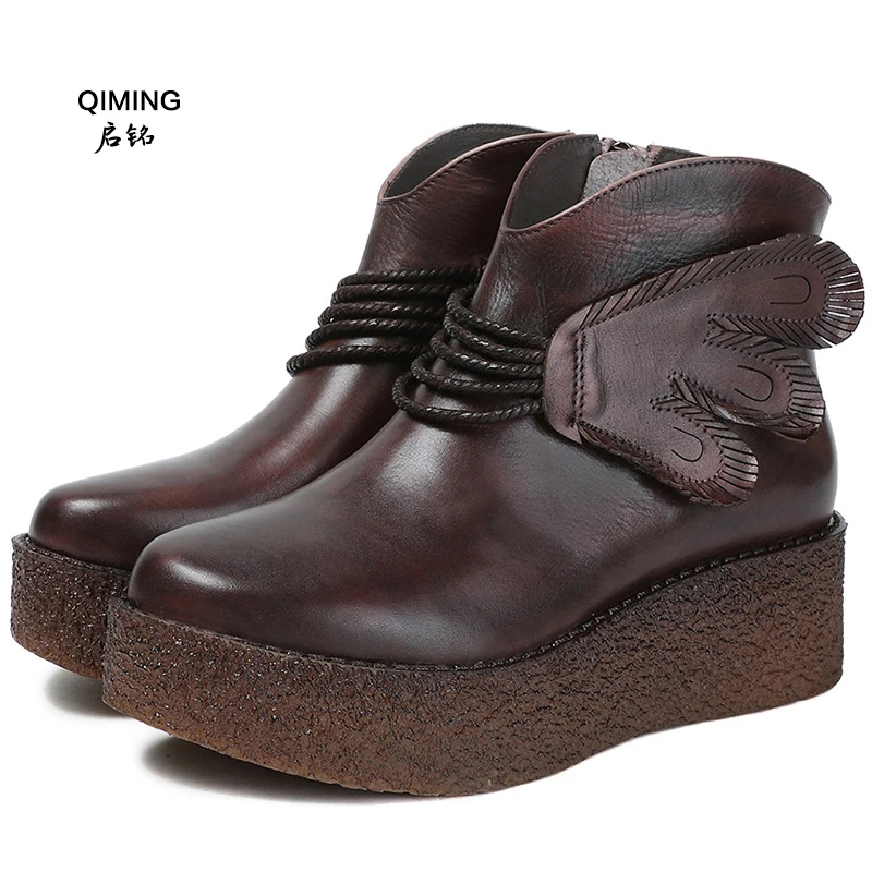 

Boots children 2018 autumn and winter flat new boots leather retro platform wedges short boots non-slip women's boots Z29