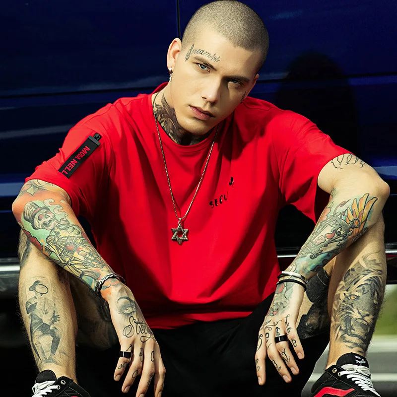 

2019 youth popular loose spring and summer men's T-shirt short-sleeved hip-hop style slip shoulder round neck men's clothing