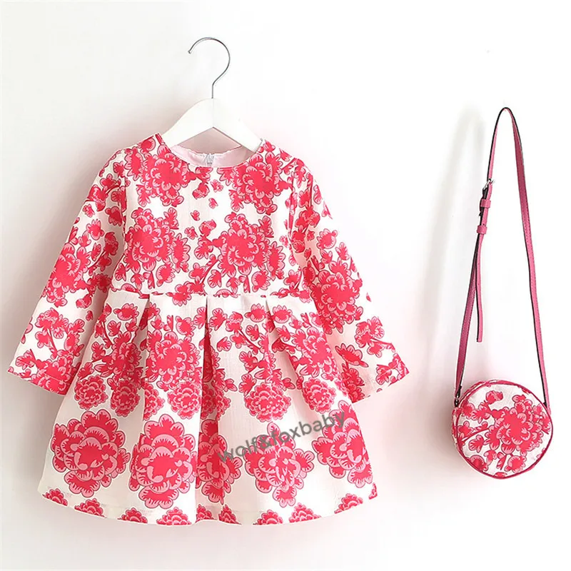 Комплект из льняного платья с принтом для маленьких девочек 2-8 лет+ сумка, платье принцессы с длинными рукавами на лето, весну и осень