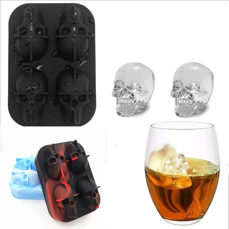 

4-Cavity Whisky Ice Lattice Ice Cube Maker 3D Skull Silicone Mold Maker Household Use Kitchen Stone Islande Chiller hot