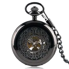 Classic Mechanical Hand Winding Black Grilles Pocket Watch Chain Skeleton Hollow Men Women Steampunk Half Hunter Luxury Gift
