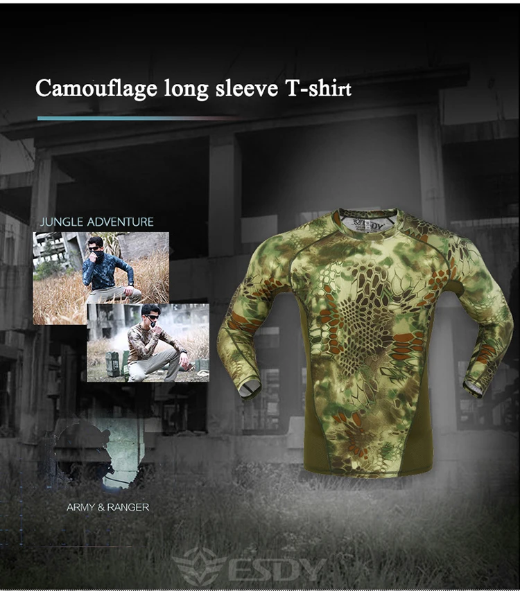 Фитнес с длинным рукавом камуфляж тактическая футболка быстросохнущие походные рубашки в охотничьем стиле мужские военные Военные боевые футболки