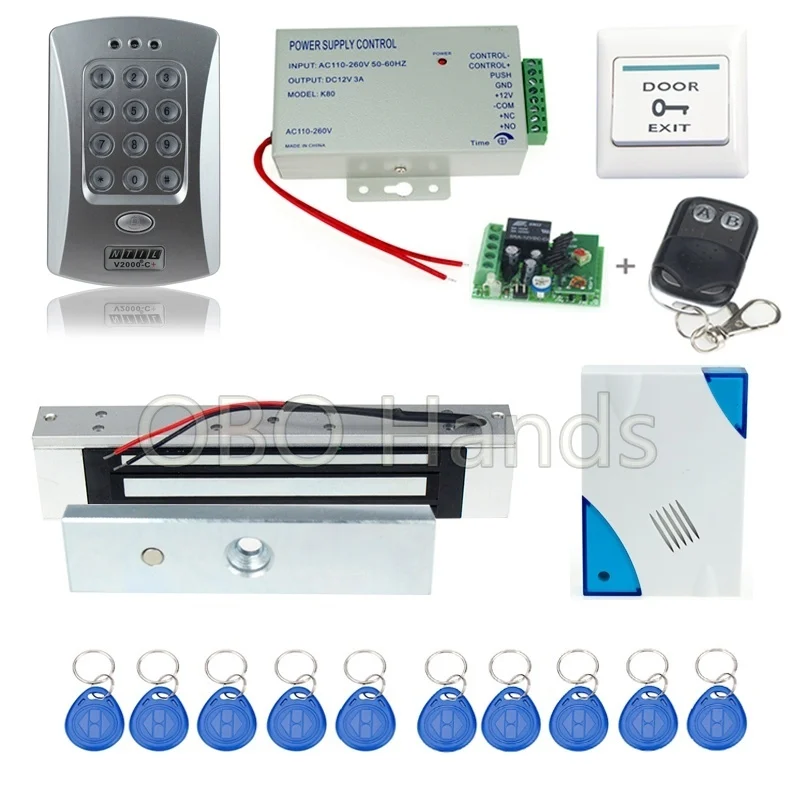 

Eletric lock ccess control keypad V2000-C+model+electronic magnetic lock +power supply+key fobs+door bell+exit+remote switch