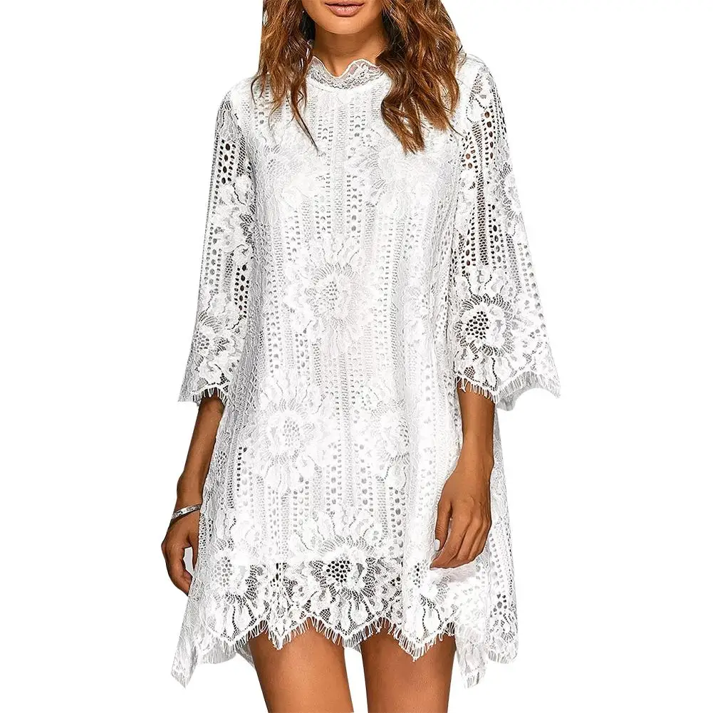 

Plus Size Women 3/4 Sleeve Loose Irregular Hem Plain Openwork Lace Mini Dress 2019