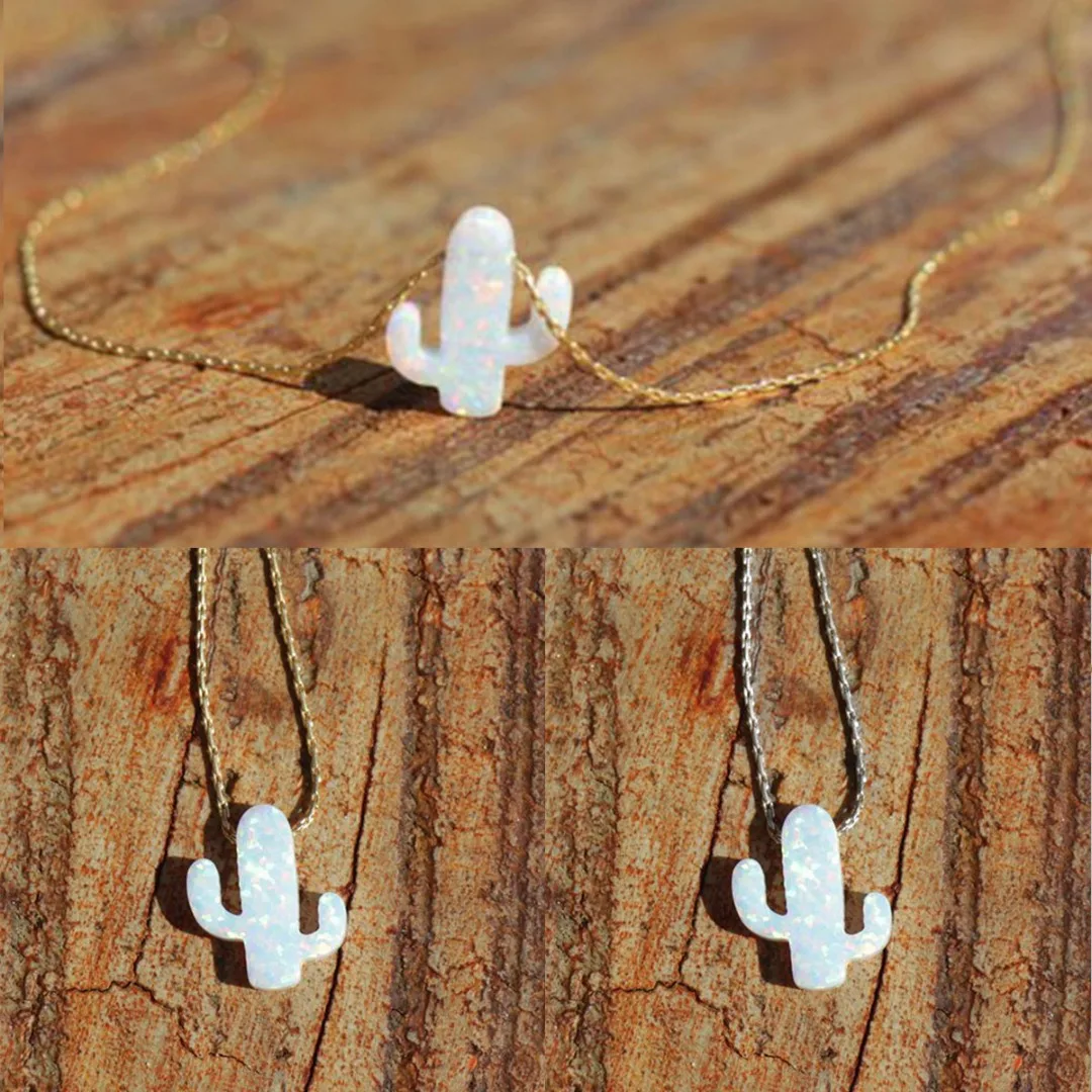 Creative Cactus Necklace For Women Statement Jewelry Shellhard Silver Gold Small Plant White Opal Long Chain Choker Sweet Gift
