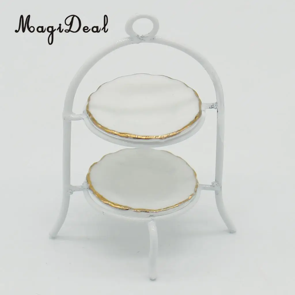 3pcs Miniature Metal Cake Stand Ceramic Dish Set Tableware for 1/12 Dolls House Kitchen Life Scenes Decoration