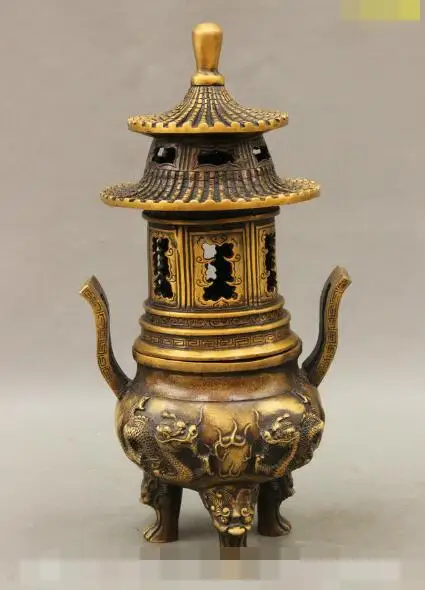 

S3721 14 Chinese Buddhist Collect Bronze Dragon Lion Head Statue Incense Burner Censer discount 30% (C0324)