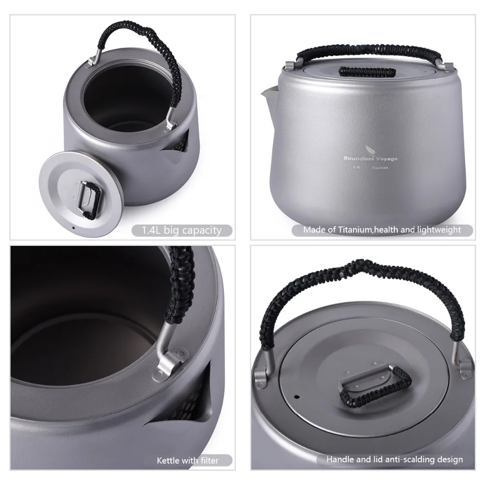 Boundless Voyage Outdoor Camping Titanium Kettle with Filter Anti-scalding Handle Lid fit Induction Cooker Coffee Tea Water 1.4L