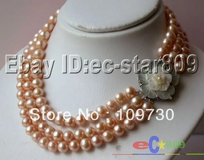 

Jewelry 001069 3ROW 10MM PINK ROUND FRESHWATER CULTURED PEARL NECKLACE