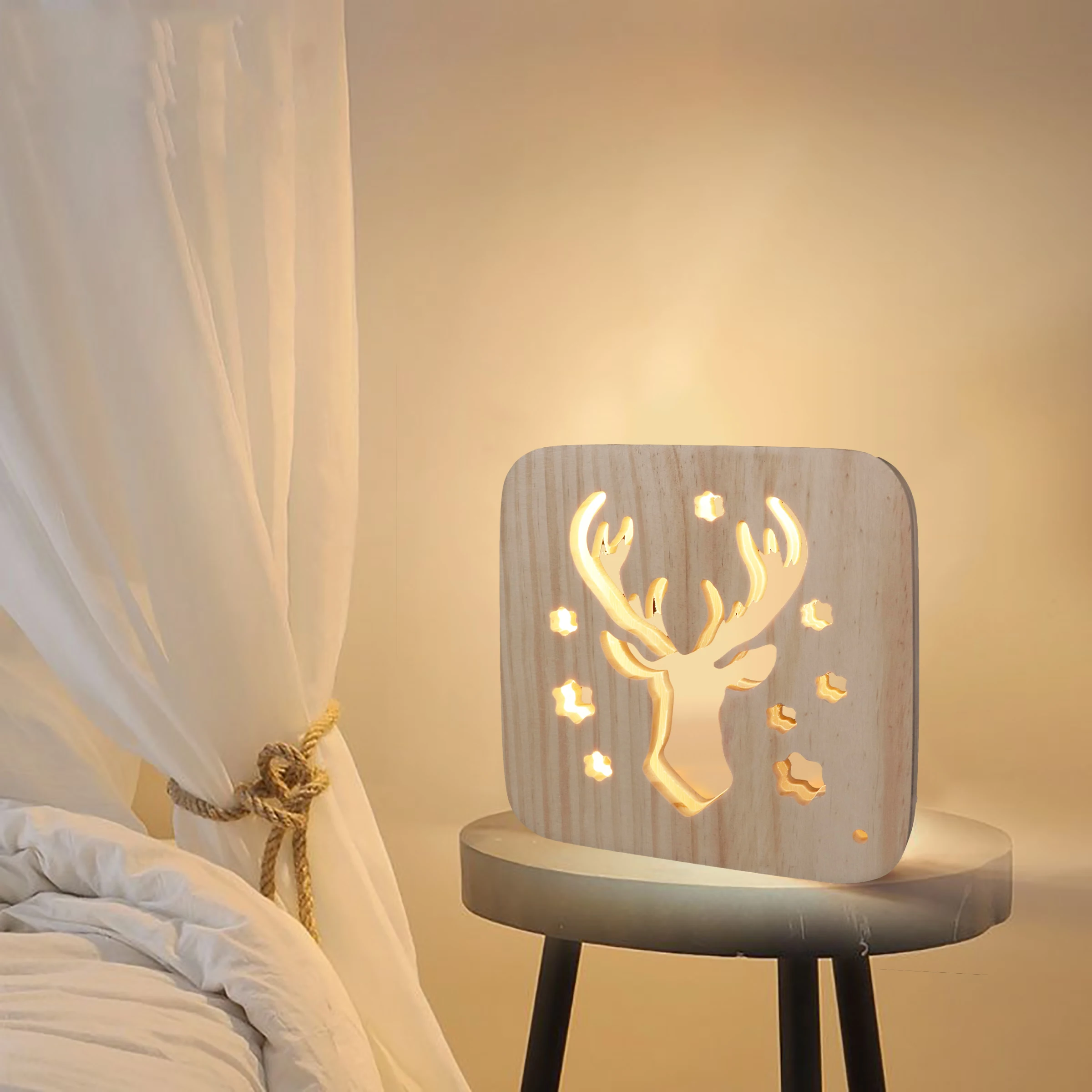 Рождественский олень, Лось головной убор, атмосферная лампа, деревянный резной полый ночник, USB светодиодный, детская комната, настольный декор