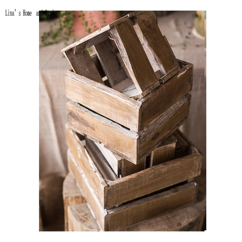 set of 3 farmhouse shabby square handmade solid vintage wooden crates (2)