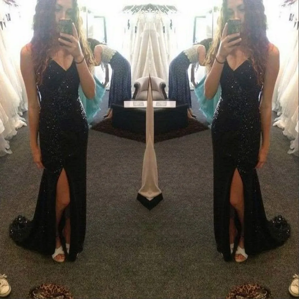 Buy Cheap Sexy Sequined Prom Dresses 2017 Vestidos De Noite Para A Festa Front Split Long Evening Dress V Neck Robe De Soiree Courte