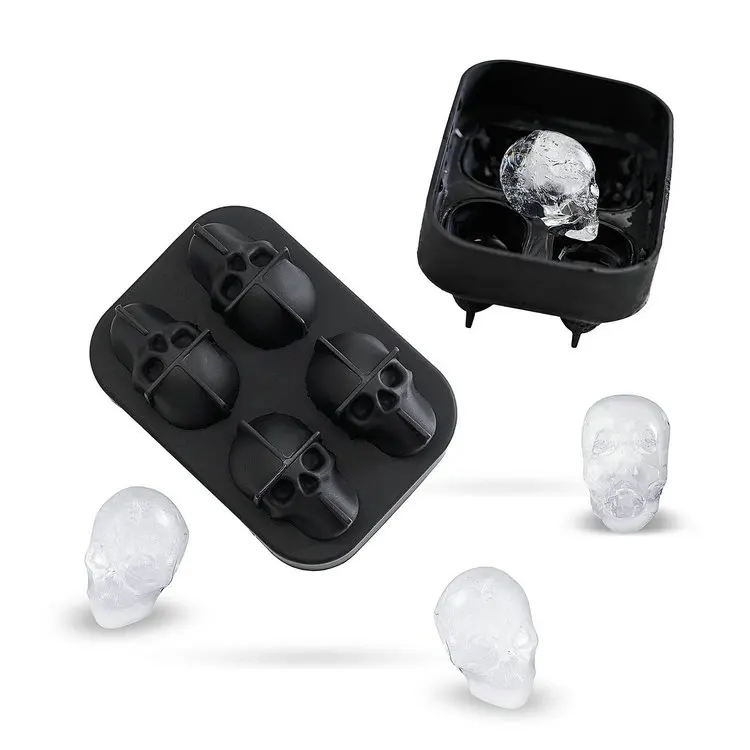 OUSSIRRO Хэллоуин гибкий 3D Череп силиконовый ледяной куб формы лоток делает четыре гигантских черепа круглые инструменты для мороженого черный лоток для льда