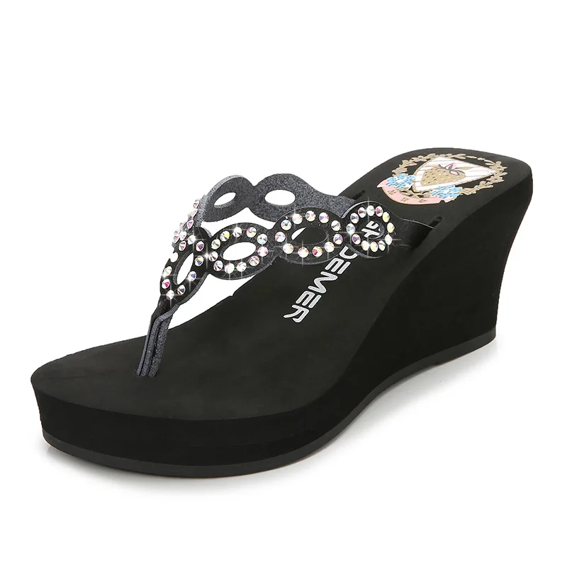 

wedge slippers woman designer crystal slides women 2018 flip flops wedges dames flipflops slippers ladies thick bottom slides