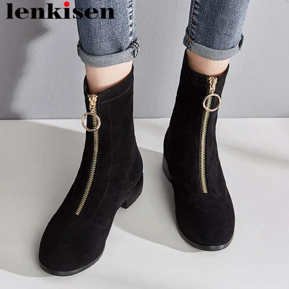 

Lenkisen newest metal decoration round toe low heels high quality flock plus size preppy style hot selling mid-calf boots L6f1