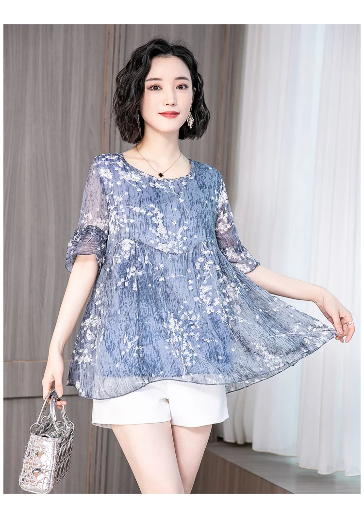 Женские топы и блузки blusas mujer de moda, шифоновая блузка, свободная нижняя рубашка, летняя, толстая мм, рукав-труба 3547 50