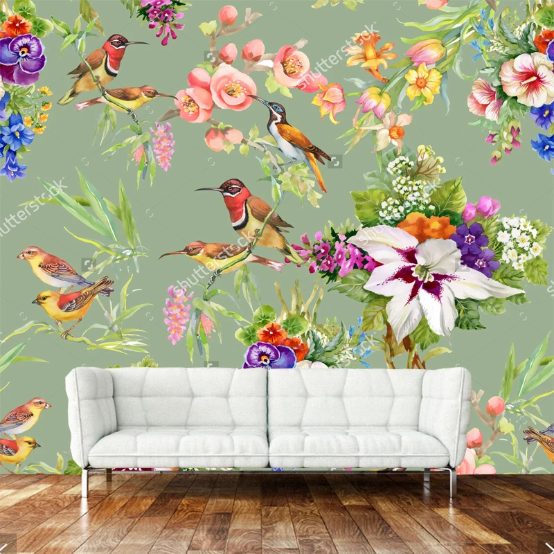 花の水彩画の野生のエキゾチックな鳥 子供部屋 ソファ レストランのための自然な風景の壁紙 Wallpaper Bird Sofa For Restaurantbird Wallpaper Aliexpress