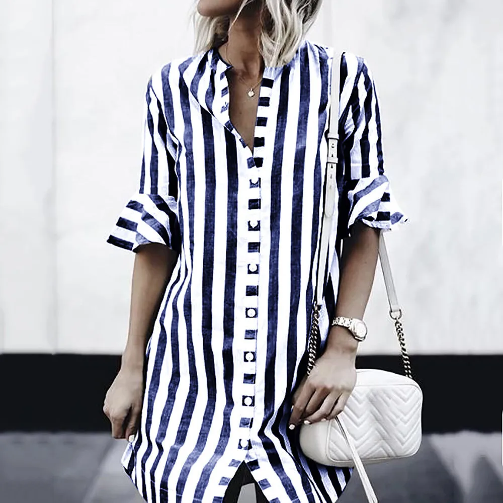 feitong Women Horn Sleeve Striped Half Sleeve Tops Long Blouse 2Colors