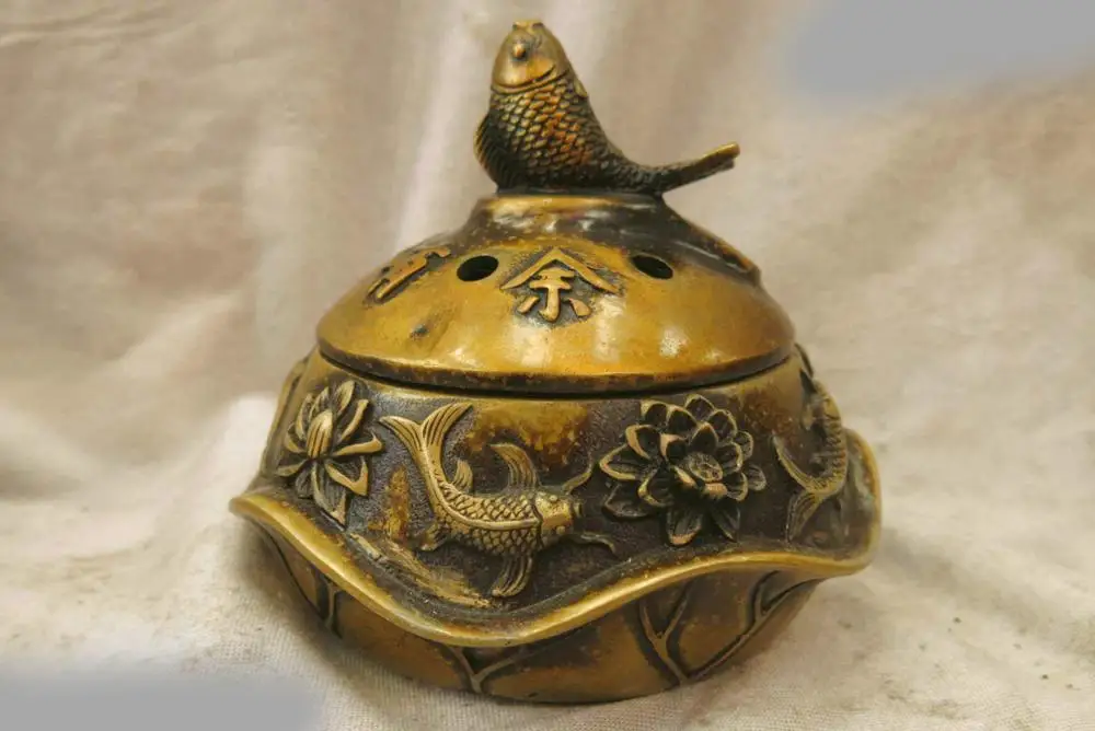 

DS China bronze copper censer fish Lotus Buddhism Incense Burner sculpture Statue