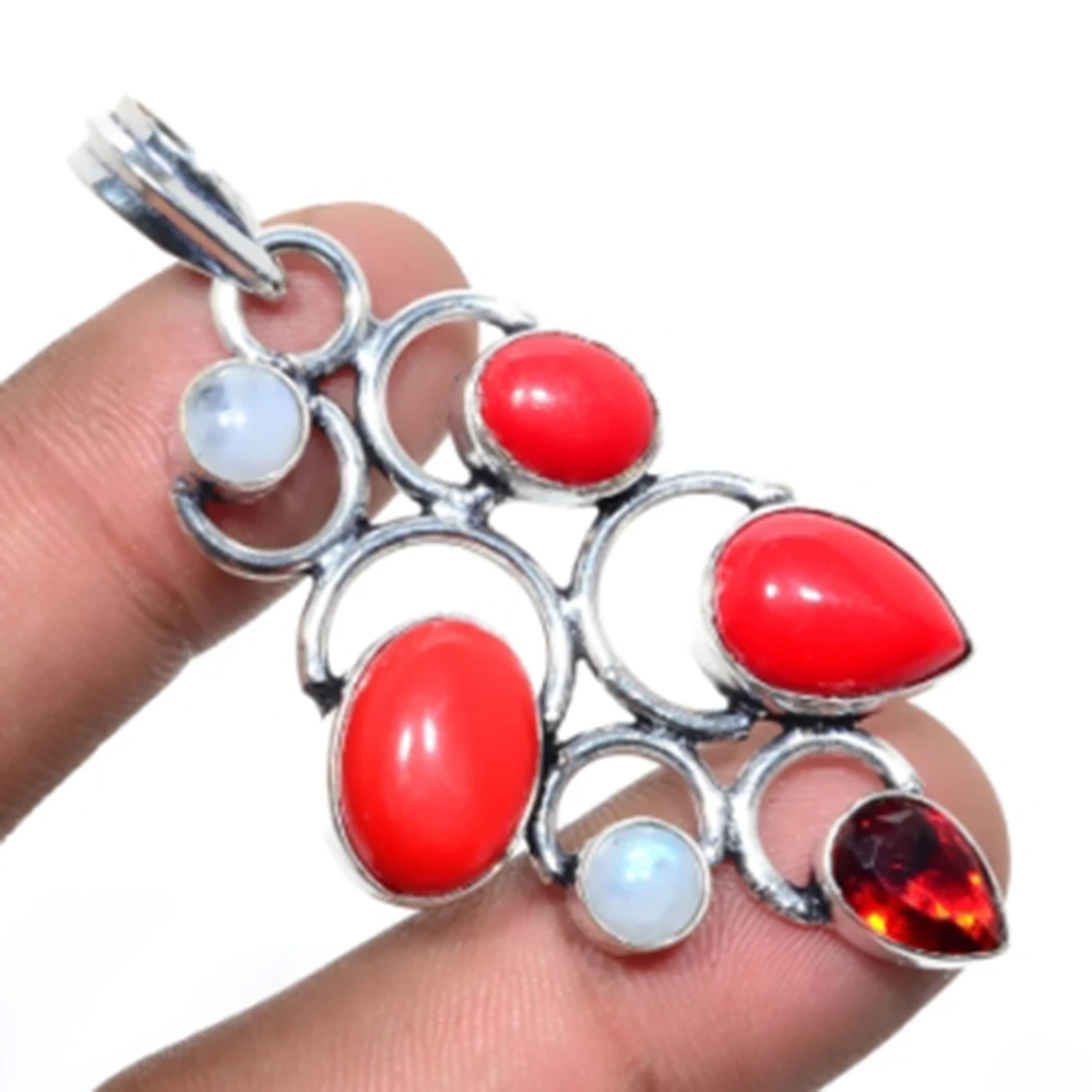 

Coral,Rainbow Moonstone Pendant Silver Overlay over Copper, USA Size 62mm , FRP0089