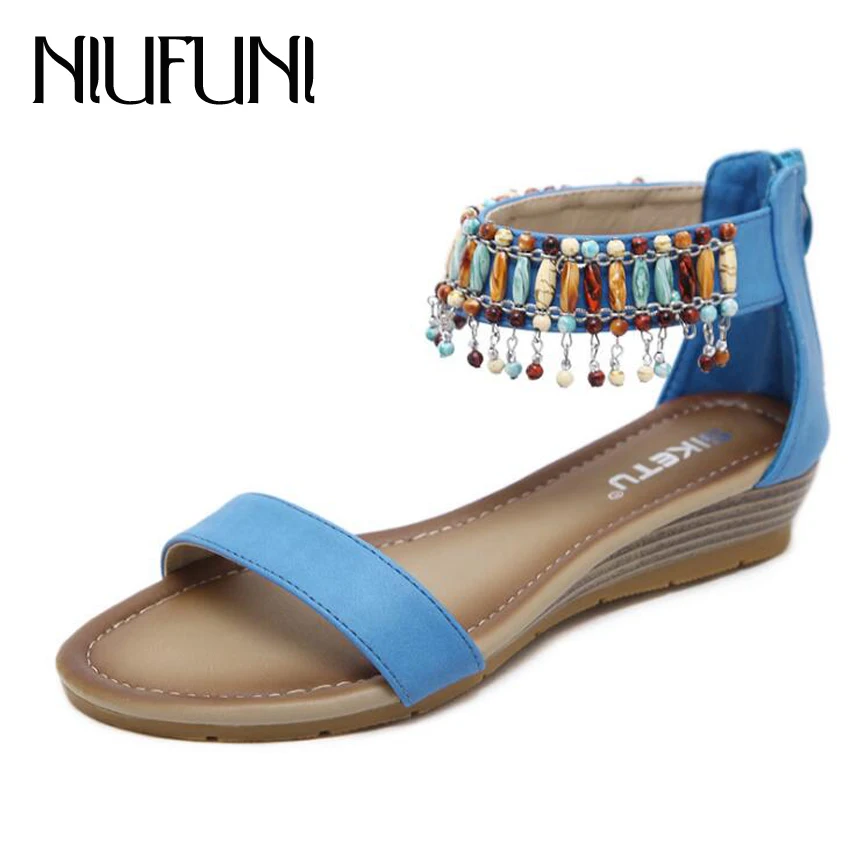 

Plus Size 42 Ladies Summer Shoes Cover Heel String Bead Ankle Wrap Women Sandals Bohemia Style High Heels Wedges Sandals