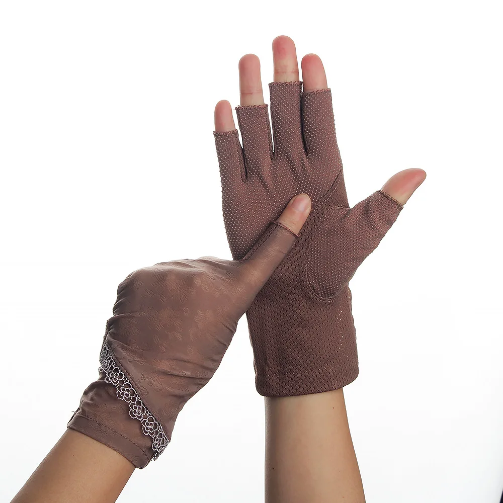 Женские летние тянущиеся тонкие перчатки без пальцев для вождения, шелковые противоскользящие солнцезащитные перчатки с защитой от УФ-лучей