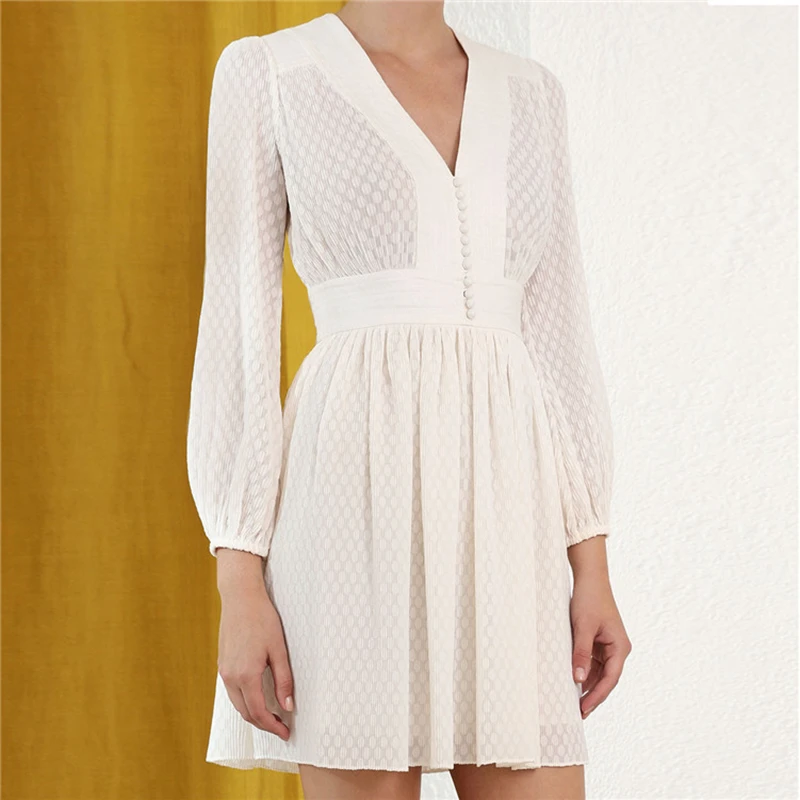 

2019 ZIM Designer Runway Dress Women Sexy V Neck Lantern Sleeve Female Elegant White Mini Dresses Fashion Vestido