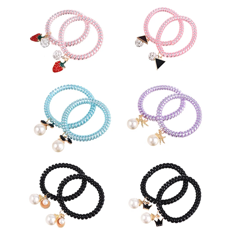 

Q 1Pair Girls Telephone Wire Spiral Hair Band Crown Strawberry Star Bow Love Scrunchy Rhinestone Pear Hair Tie Accessories