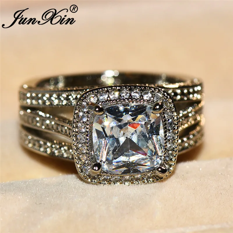 JUNXIN Charm Wedding Big Rings For Women 925 Sterling Silver Filled Princess Square Stone White Zircon Crystal Ring Female Gifts