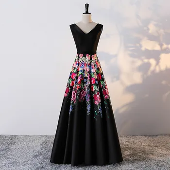 

Vestido De Festa A-line Evening Dresses Long Dress V-Neck Black Print floral stain Evening Dress Elegant 2019 Robe De Soiree