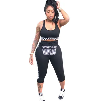 

Women's Tracksuit Plaid Print Tank Crop Top and Knee-Length Pants Fitness 2 Piece Set Female Casual Summer Outfits Sweat Suits