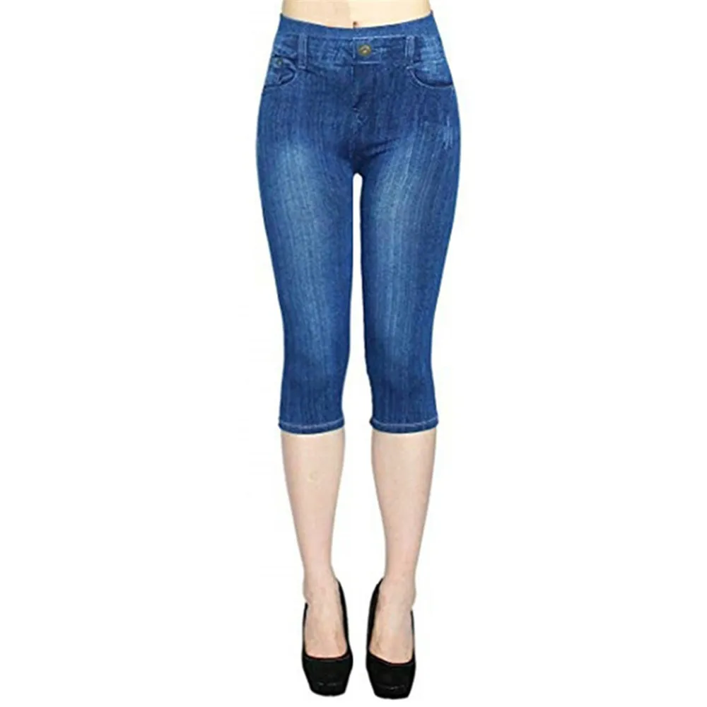 Женские легинсы большого размера имитация укороченные брюки фальшивый карман брюки облегающие Джеггинсы джинсовые обтягивающие - Color: C