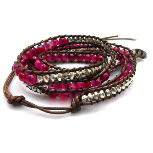 

6mm pink bead wrap bracelet new design handmade wrap immitation leather bracelet