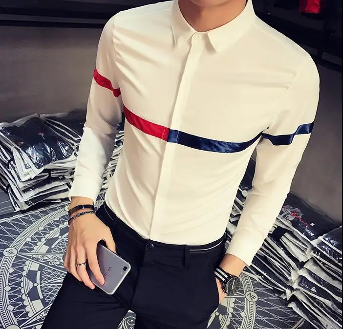 

S-5XL Hot 2019 Summer Men's New fashion Stitching self-cultivation nightclub long-sleeved shirt