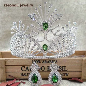 

zerongE jewelry 4.1" Baroque silver Bridal Tiara Crown Green Diadem hair comb Crown with earring for Girls Wedding decorative