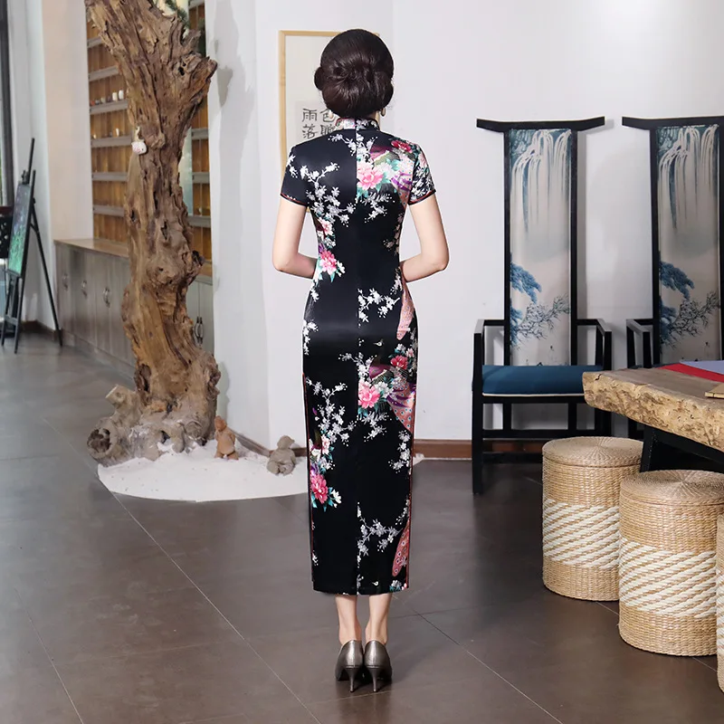 Sexy Purple Women Satin Daily Casual Dress Summer New Long Qipao Print Flower Chinese Cheongsam Size S M L XL XXL 3XL 0162