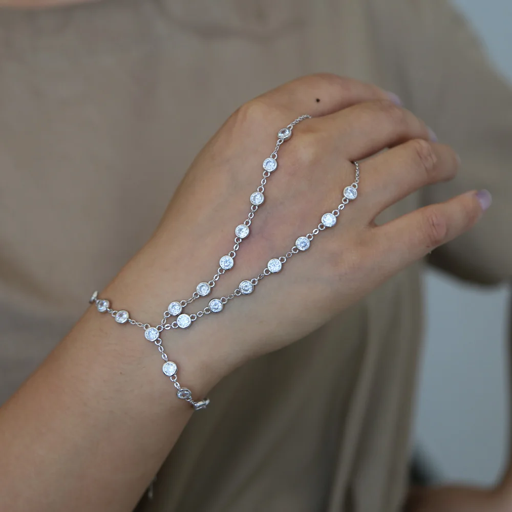 Очаровательная циркониевая кристальная цепочка, модный браслет, соединенный с кольцом на пальце для женщин, настраиваемая на палец ручная цепочка, ювелирное изделие, массивные браслеты