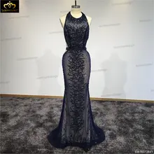 Real Custom Made Navy Halter Neck Sexy Mermaid Backless Sleeveless Evening Dresses Long