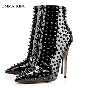 

Hot Botines Mujer 2018 Women Fashion High Heels Ankle Boots for Women Zipper Rivets Studded Pointed Toe Stilettos Female Shoes