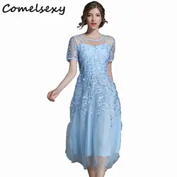 Comelsexy женское платье 2018 Лето Boho моды Винтаж цветочный Вышивка Кружево сетчатые платья Повседневное See Through Vestidos