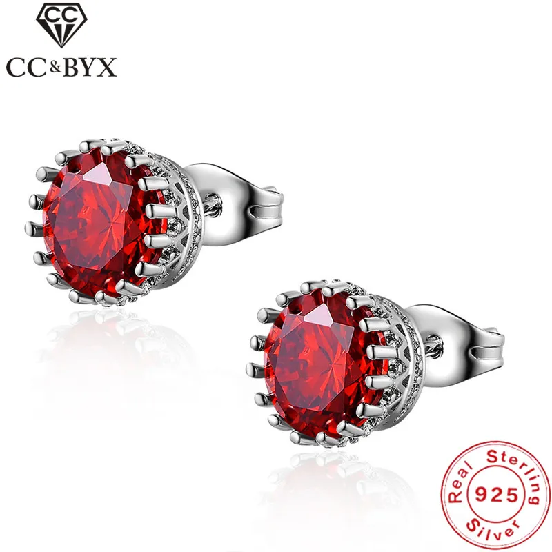 

CC Jewelry 925 Sterling-silver-jewelry Romantic Simple Red Earrings For Women Round Stud Earring Engagement Gift Brincos CCE144
