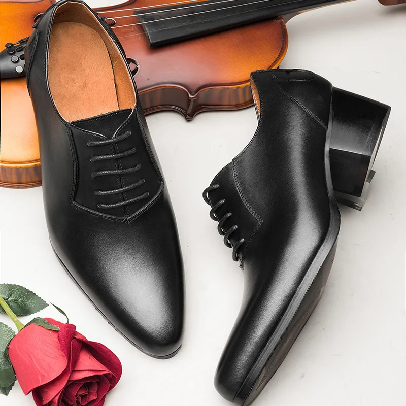 British Style Men Lace Up Dress Shoes Lace Up Pointed Toe Thick Heel Shoes Man Trendy Wedding Heels 5 cm US 37-44