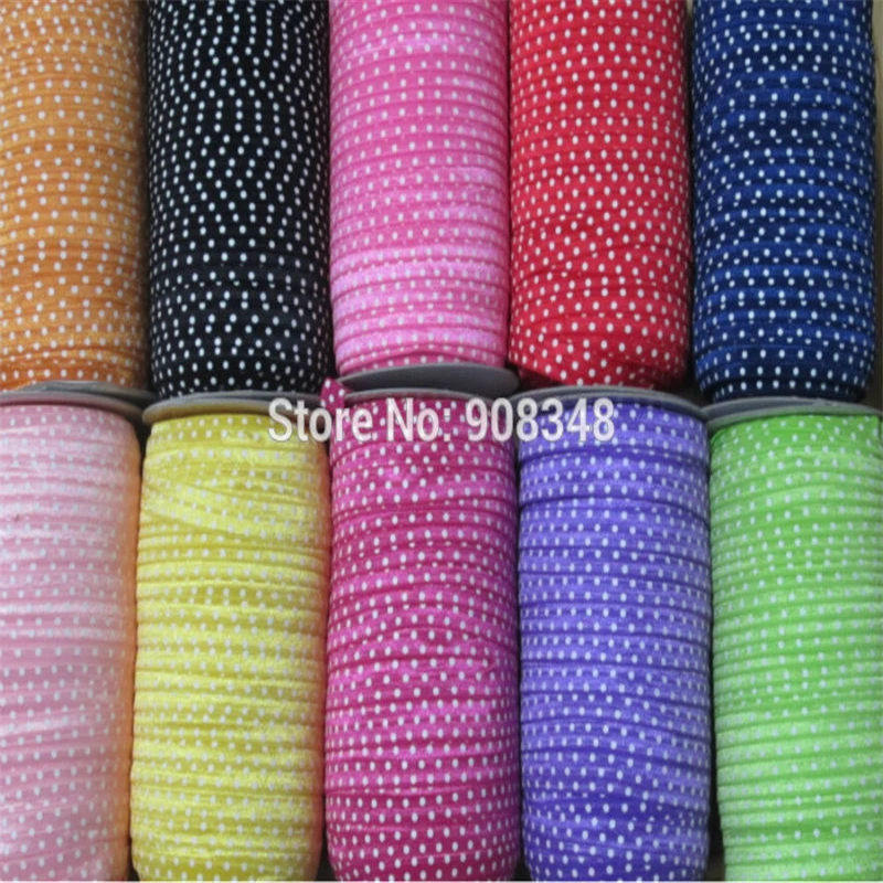 

(1 piece get 1 color, 50yards/piece) 5/8" 16mm White polka dots FOE Fold Over Elastic Ribbon Headband HairBand