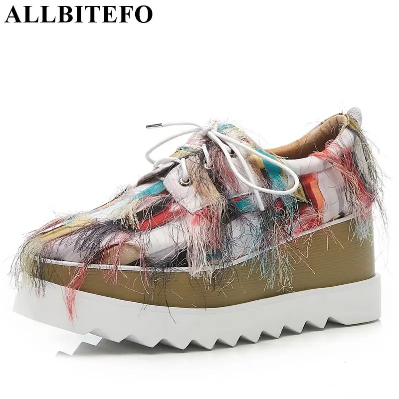 

ALLBITEFO fringe graffiti platform shoes lace-up comfortable women flats sneakers shoes round toe high quality women flats