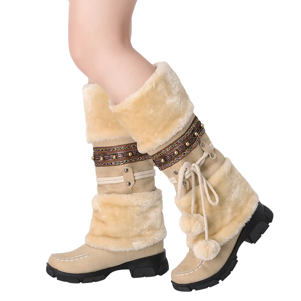 Г., женские короткие сапоги зимние замшевые сапоги с помпонами в западном стиле, модная теплая меховая обувь для верховой езды в этническом стиле сапоги средней длины