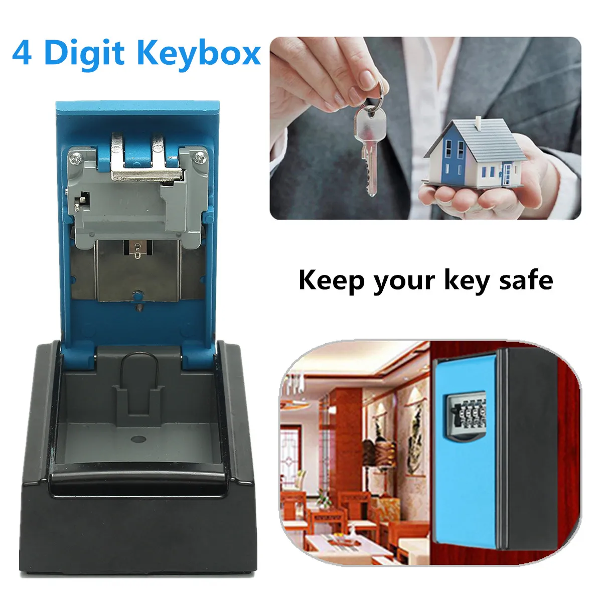 Key Storage Box Wall Hanging Keybox Alumium Alloy Blue 4 digit