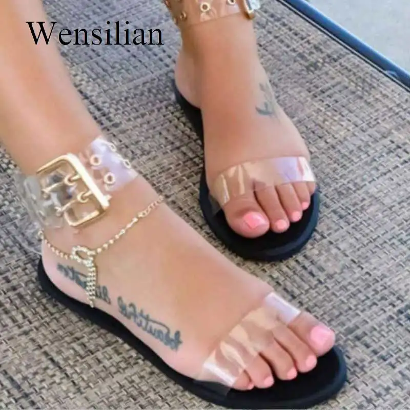 Летние босоножки женские плоский сандалии пляж обувь Прозрачная обувь прозрачный ремешок с пряжкой винтажные сандалии-гладиаторы sandalia feminina